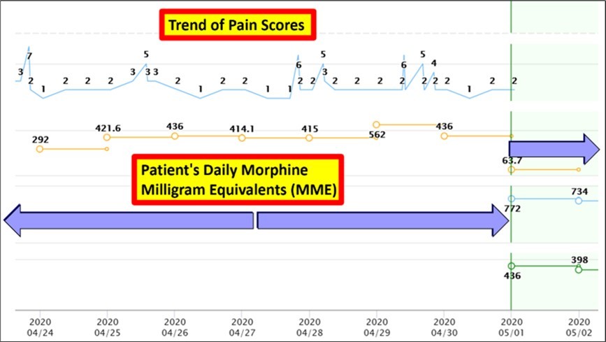Chronological representation of medication usage, offering a trend analysis of the daily administered Morphine Milligram Equivalents (MME) of oral morphine equivalents in relation to pain scores